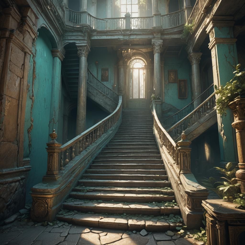Majestic Stairway in Shadows with Diffused Light