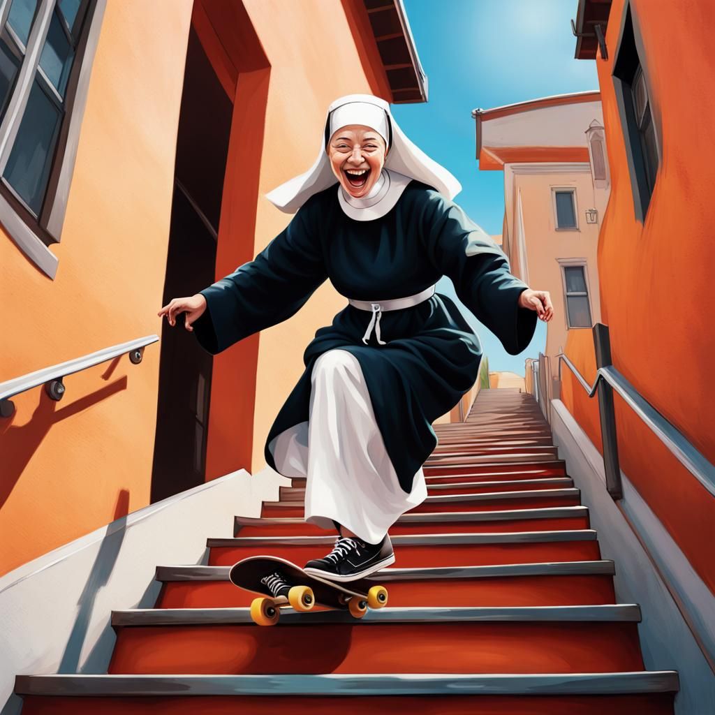 Nun Skateboarding with Joyful Energy: Hyperrealistic Splash ...