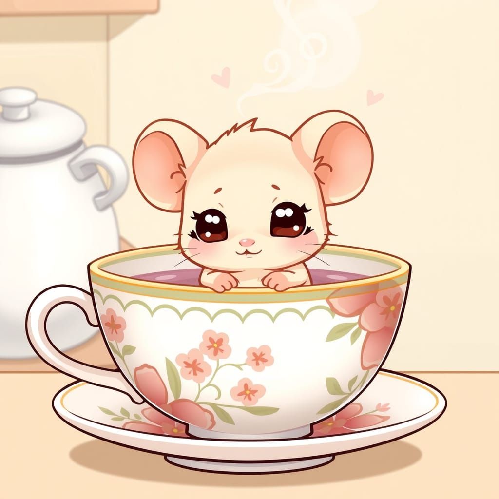 Shy Chibi Mouse in Floral Teacup Illustration