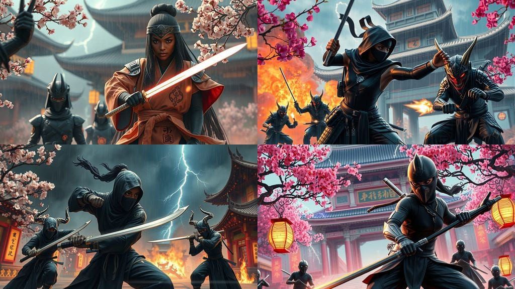 Cyberpunk Ninja Fight at Cherry Blossom Temple