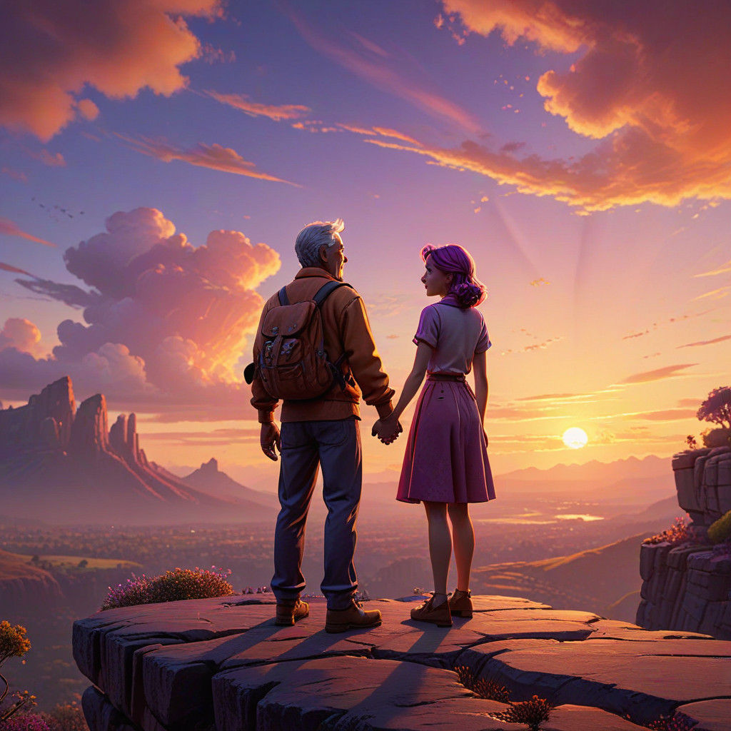 Couple Stands Together at Sunset in Vibrant Pixar-Style Art