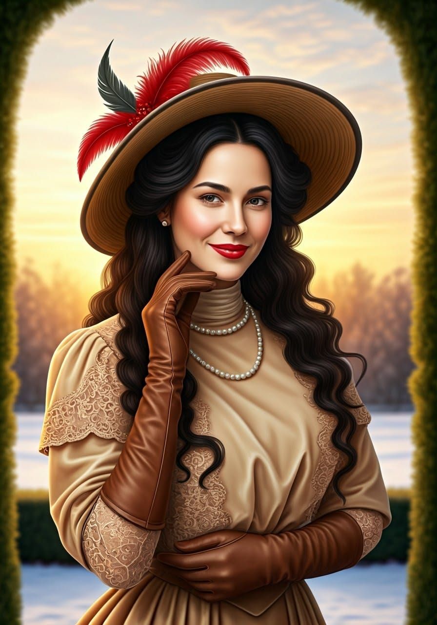 Elegant Woman in 1900s Dress with Sunset Backdrop