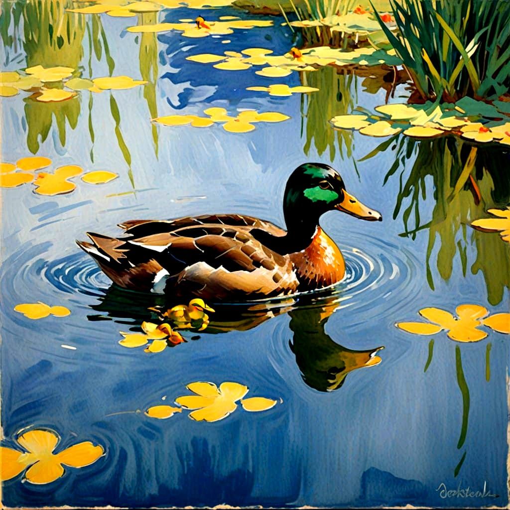 Impressionist Watercolor of Mother Duck and Her Ducklings in...