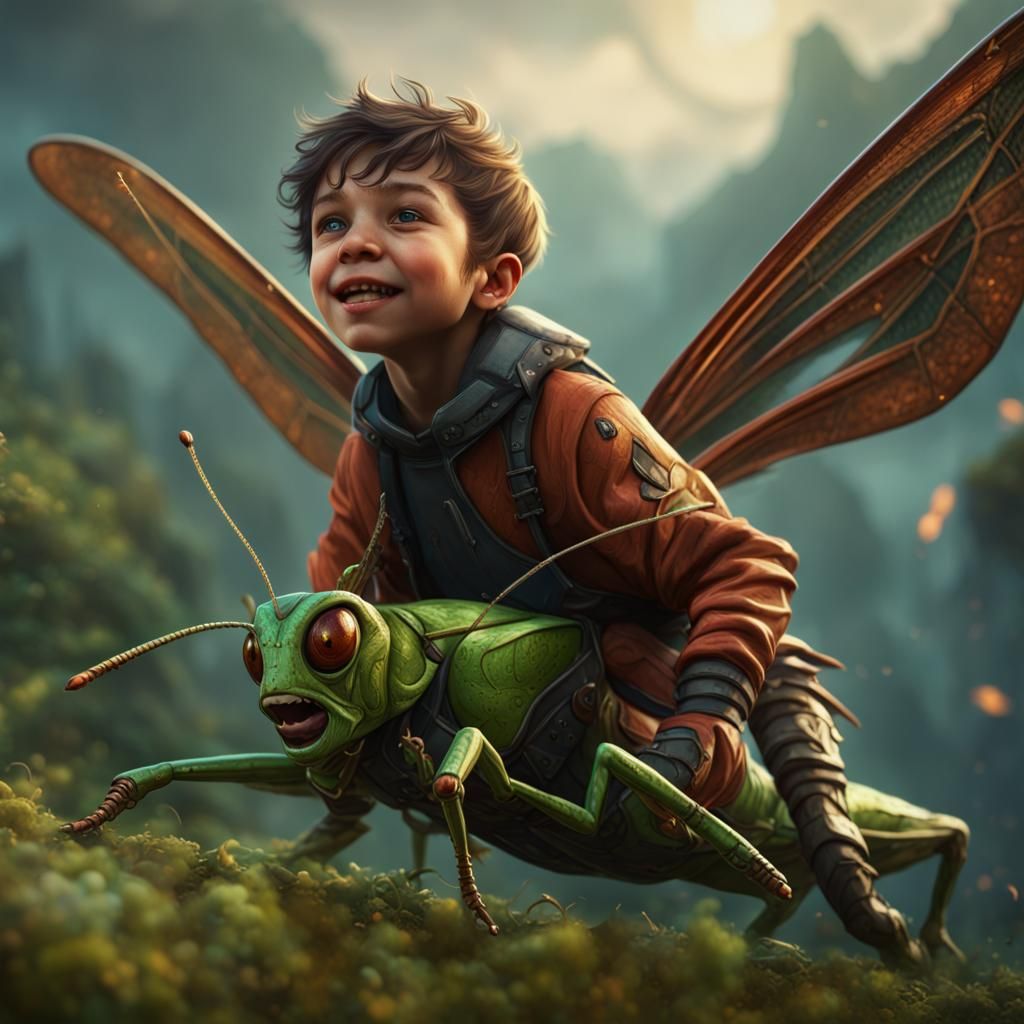 Boy Rides Illuminated Grasshopper: Detailed Matte Painting