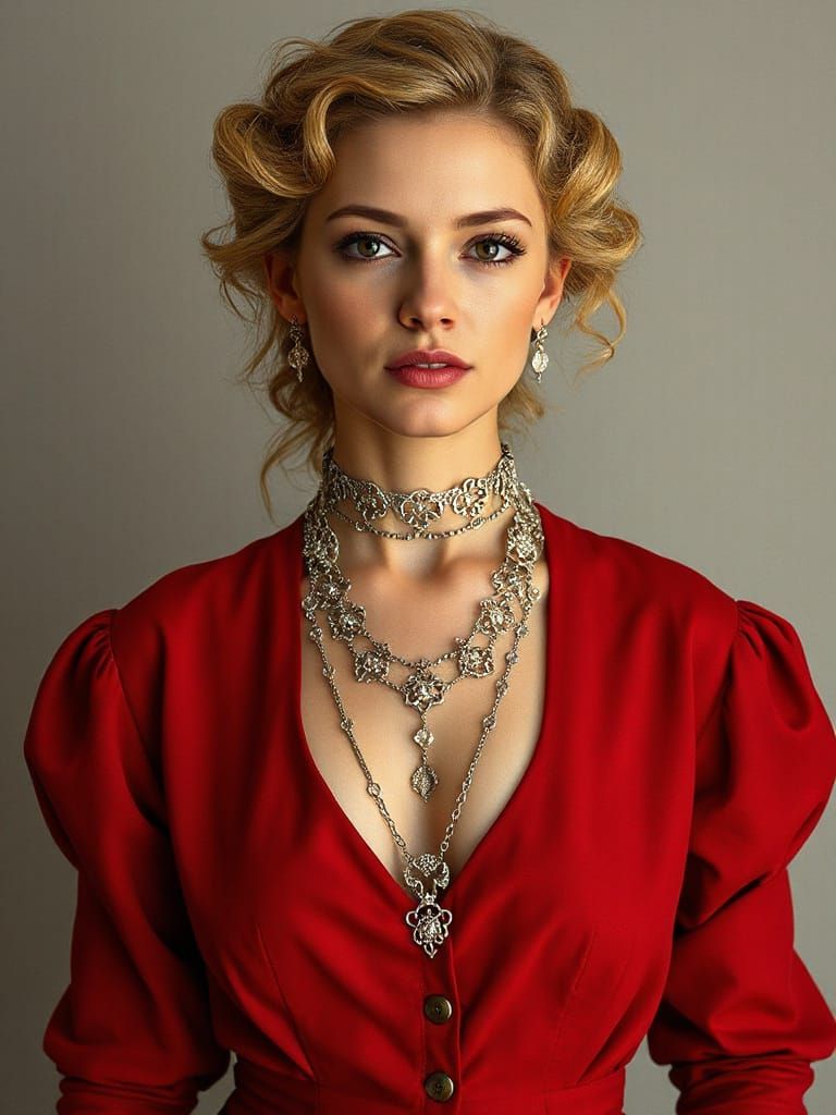 Woman in Red Dress with Fractal Silver Necklace
