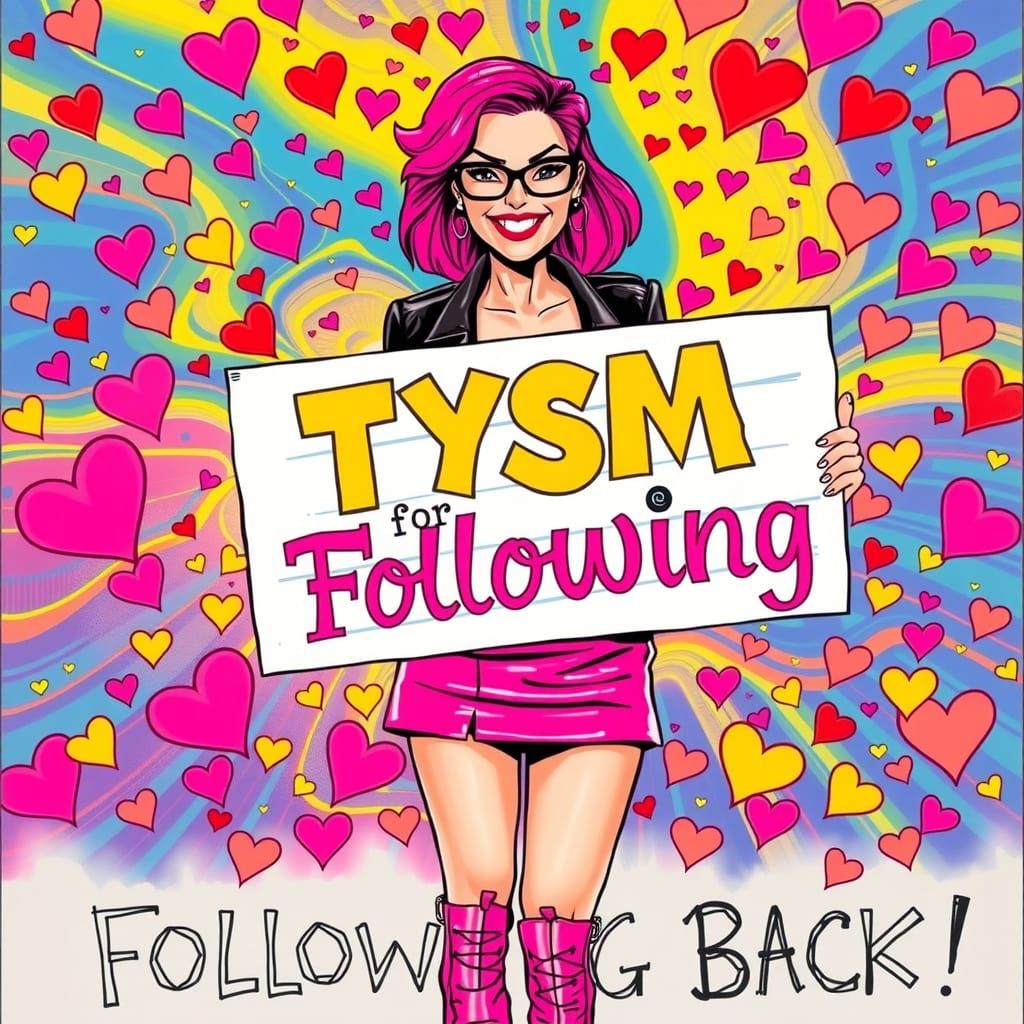 R. CRUMB STYLE A flat-chested female with long flowing NEON PINK hair, wearing BLACK rimmed glasses, a NEON PINK LEATHER...