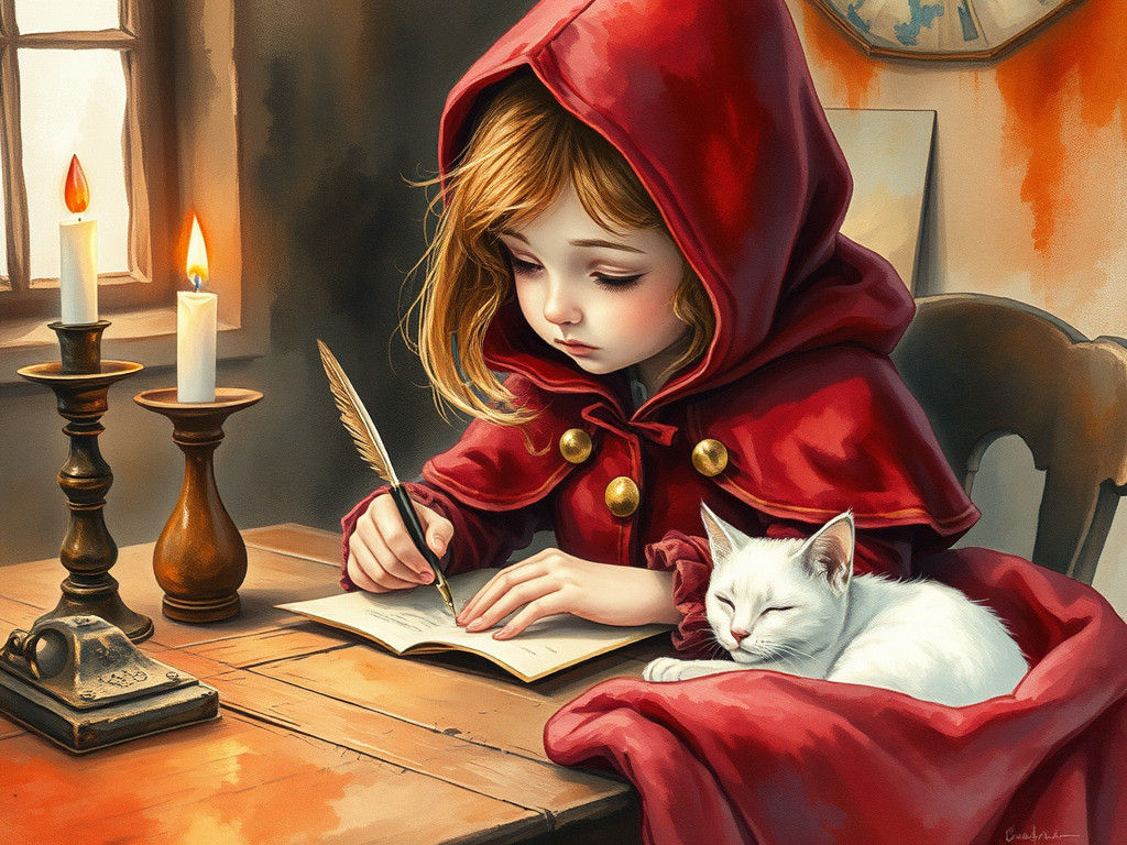 Whimsical Winter Scene with a Girl Writing to Santa in Vinta...