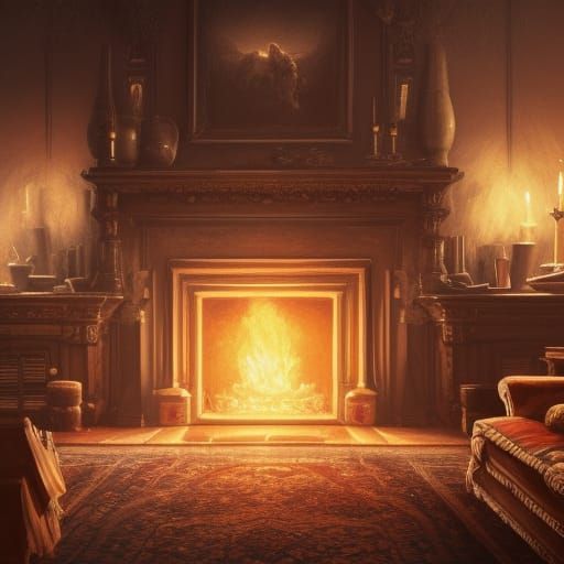 Intricate Cozy Living Room with Fireplace in Chiaroscuro