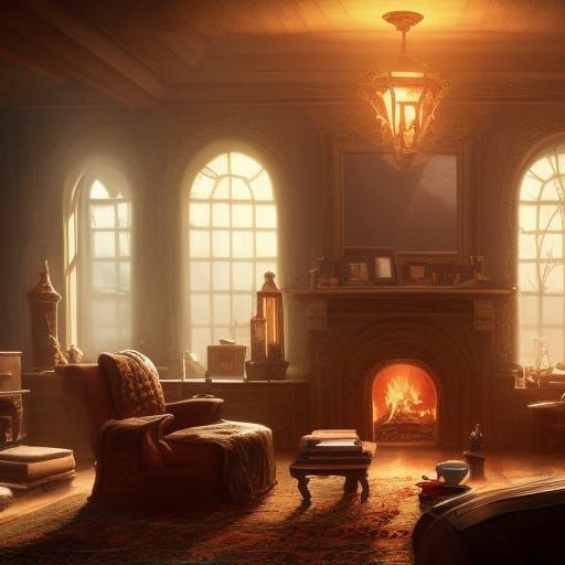 Cozy Living Room with Fireplace in Art Nouveau Style