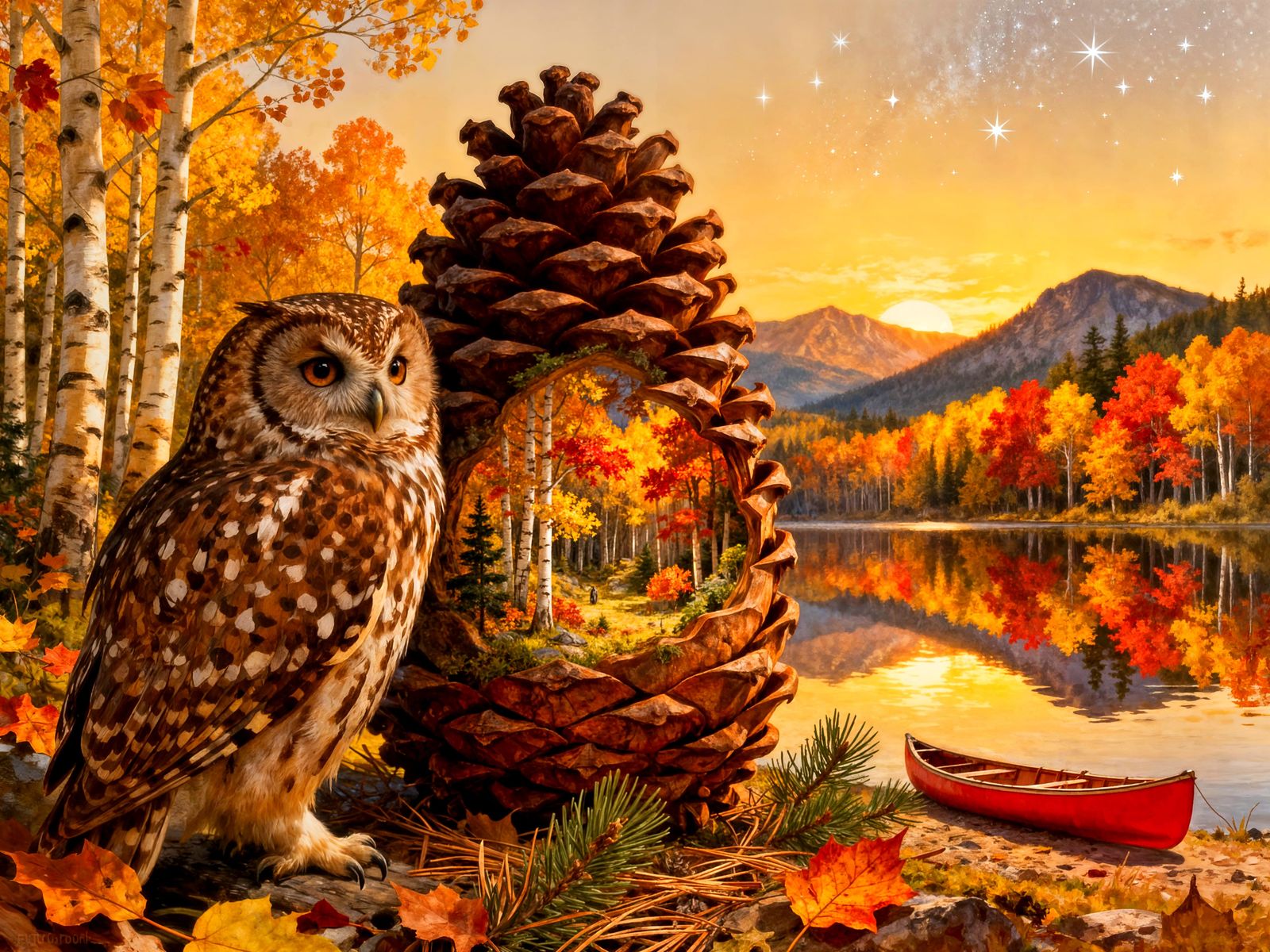 Owl Gazes Into Pinecone Revealing Miniature Autumn World