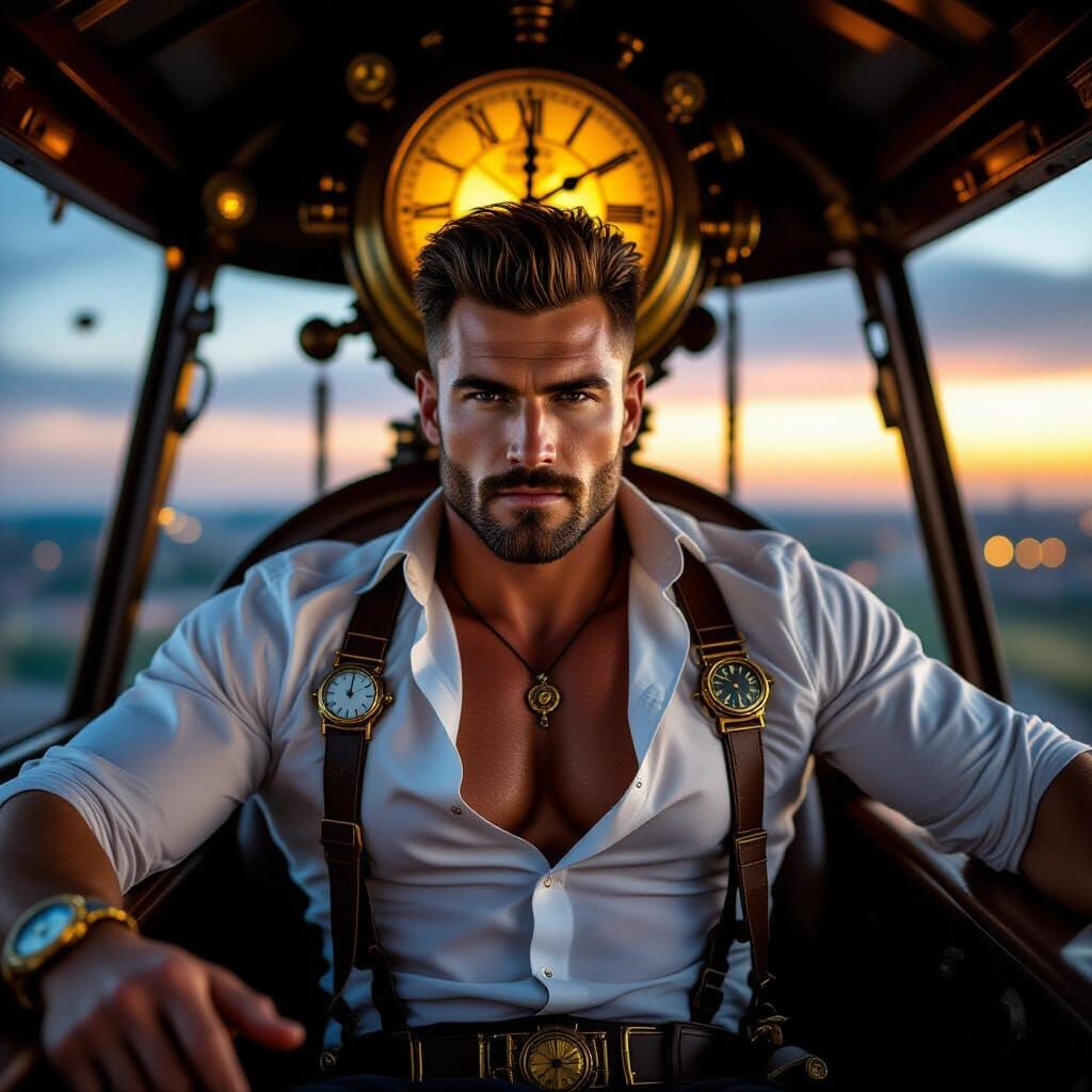 Steampunk Man in Zeppelin with Clocks
