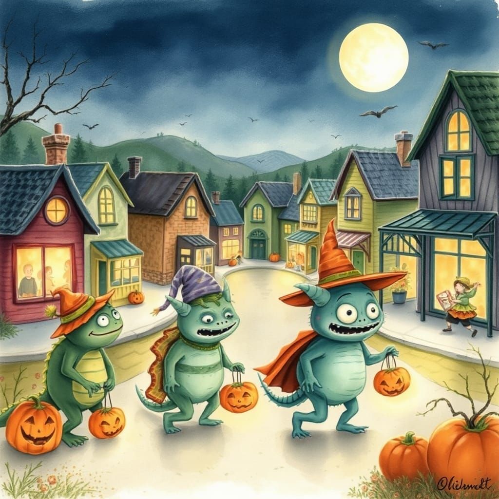 Monsters Trick-or-Treat in Watercolor Town