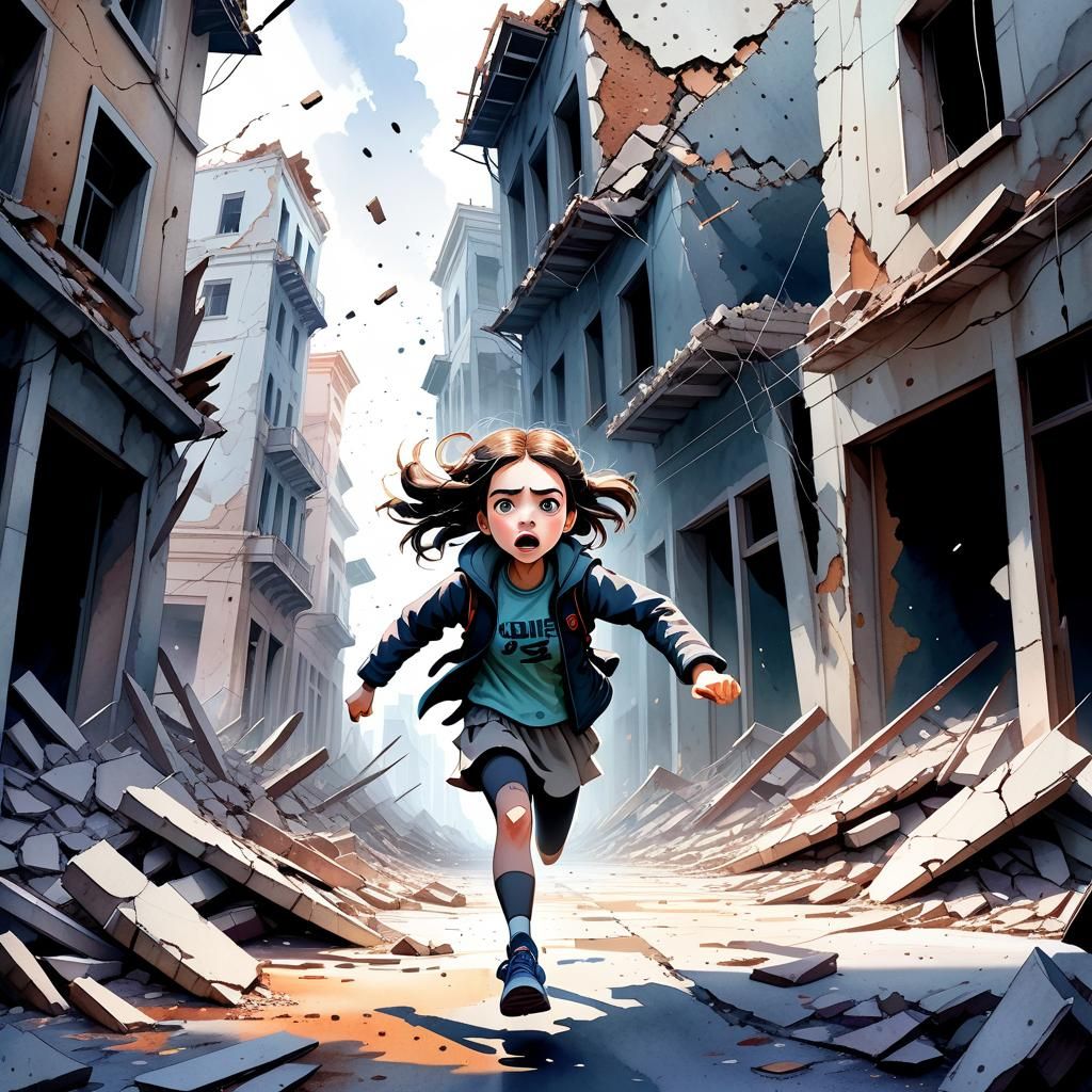 Dramatic Watercolor Earthquake Illustration with Running Gir...