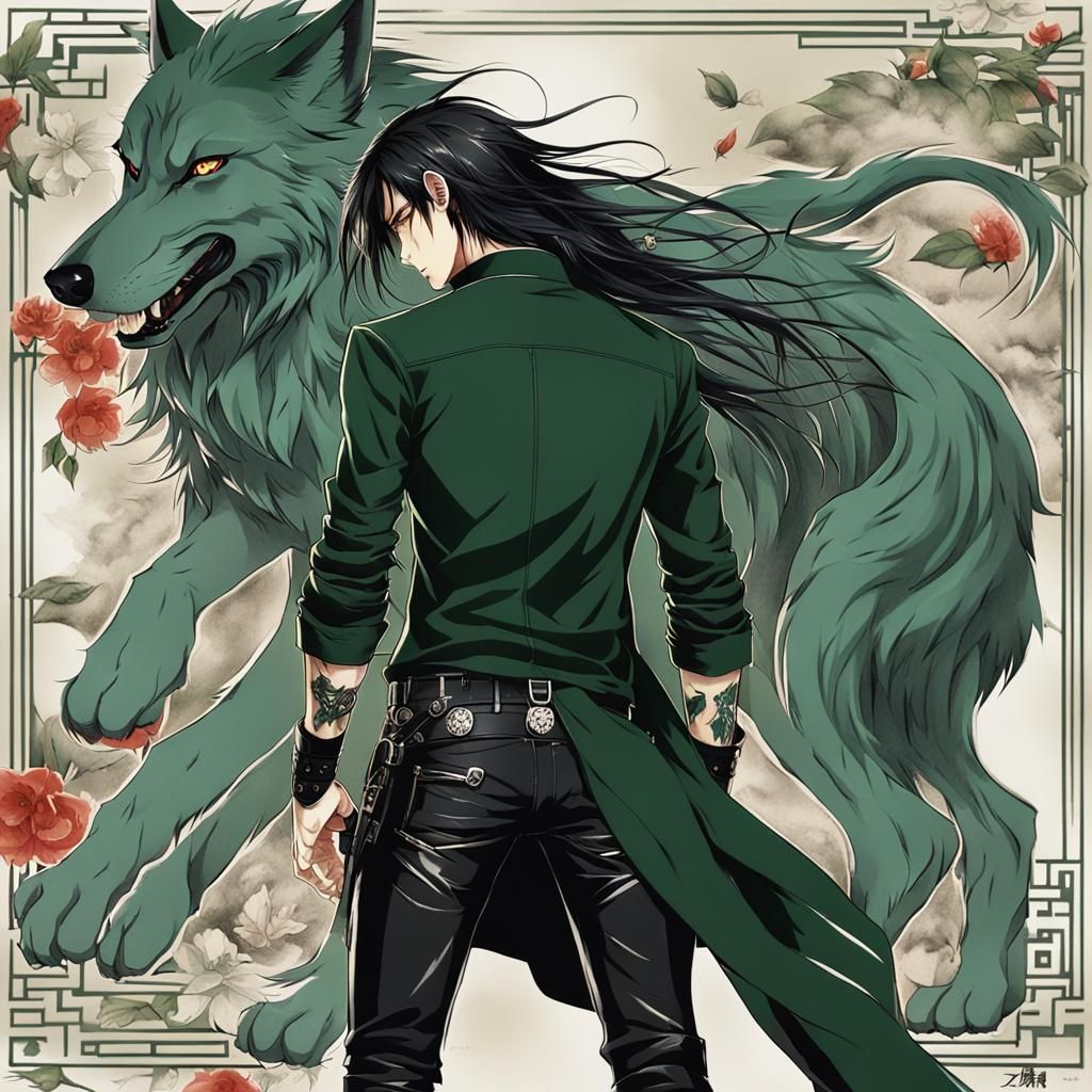 Anime Style Japanese Man with Wolf Tattoo