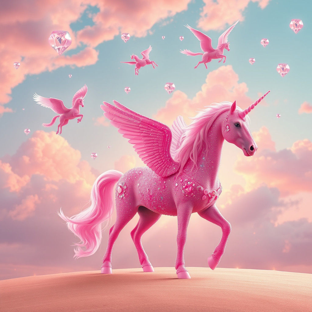 Pink Unicorns and Pegasus Soaring in Gem-Filled Sky