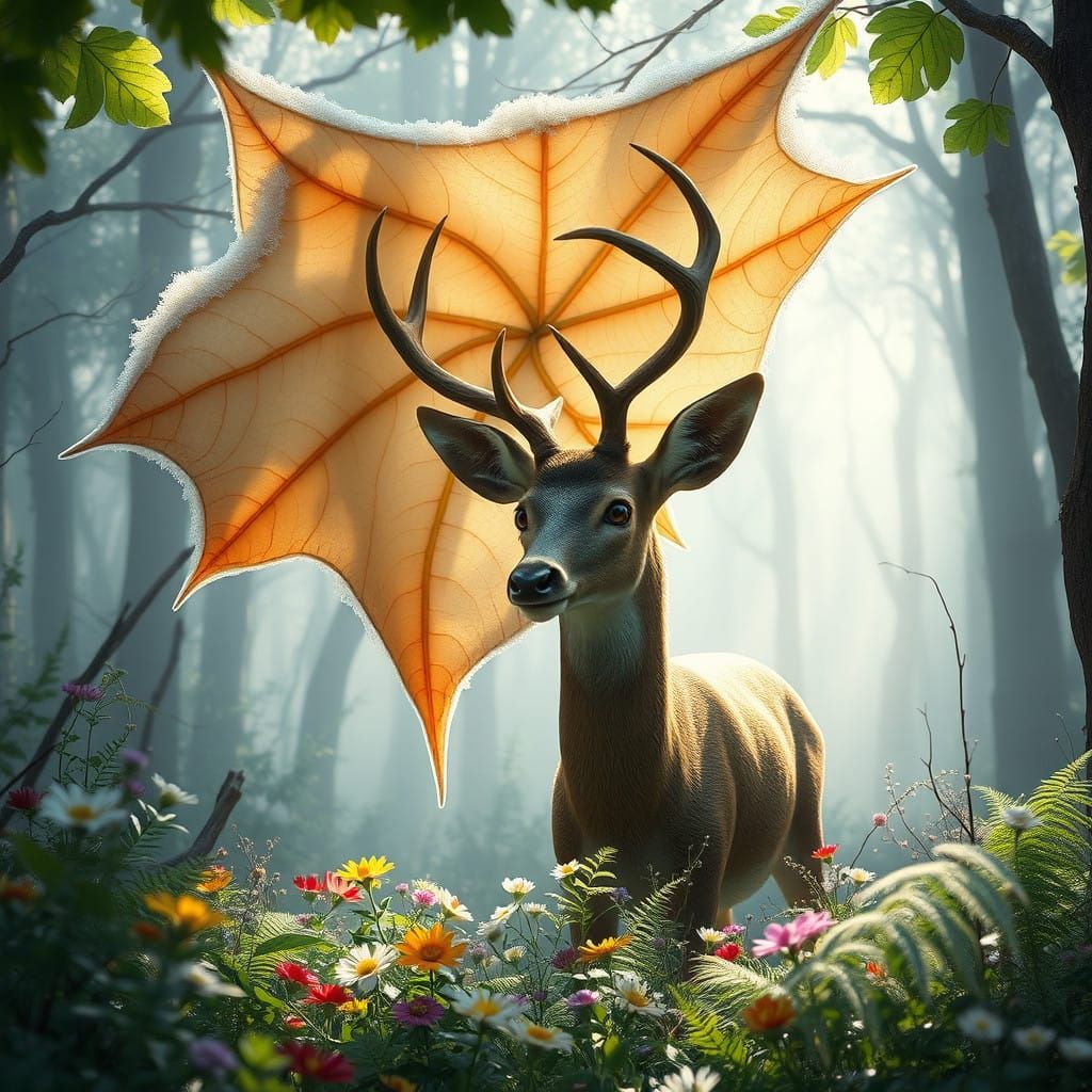 Enchanted Spring Forest with Majestic Deer and Maple Leaf