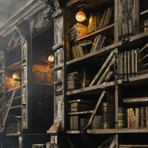 Abandoned Library in 3D Game Cinematic Style