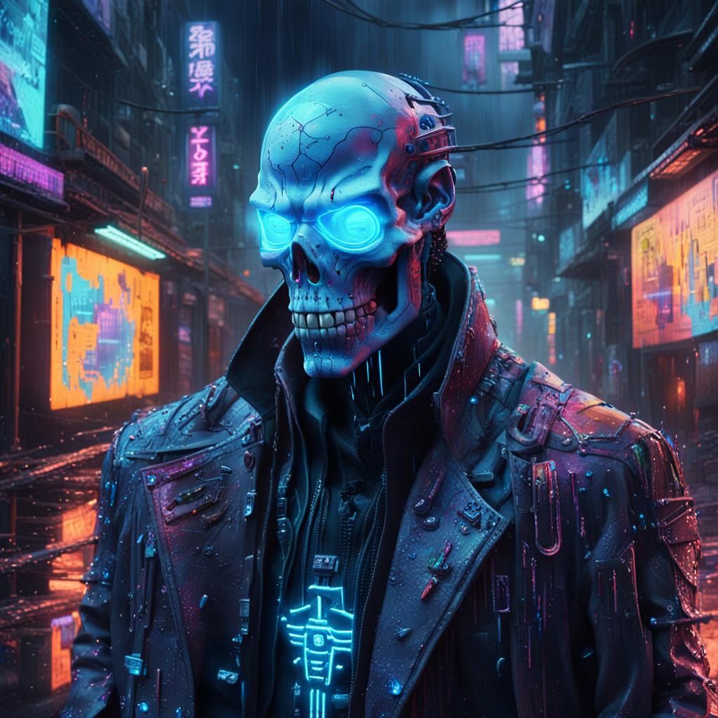 Cyberpunk Lich in Dystopian Cityscape