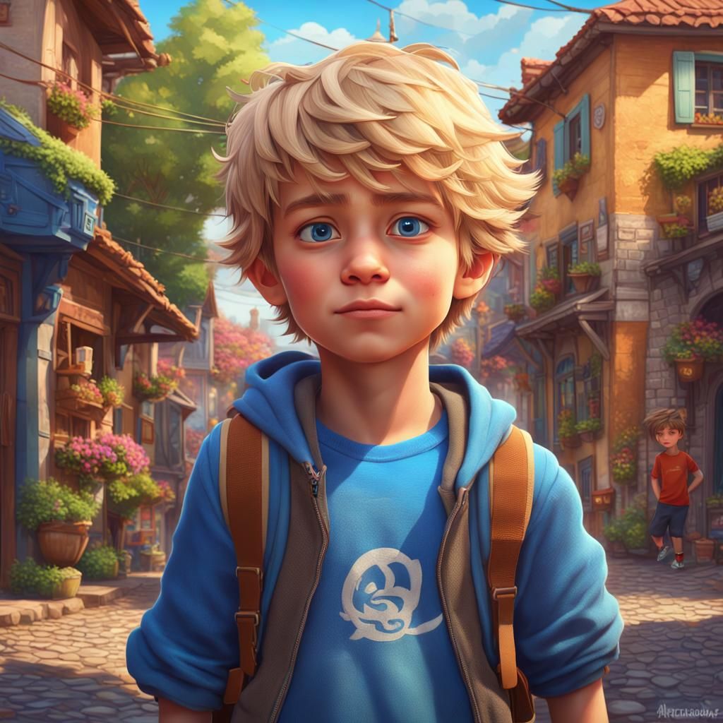 Boy in 3D Village, Pixar Style Concept Art