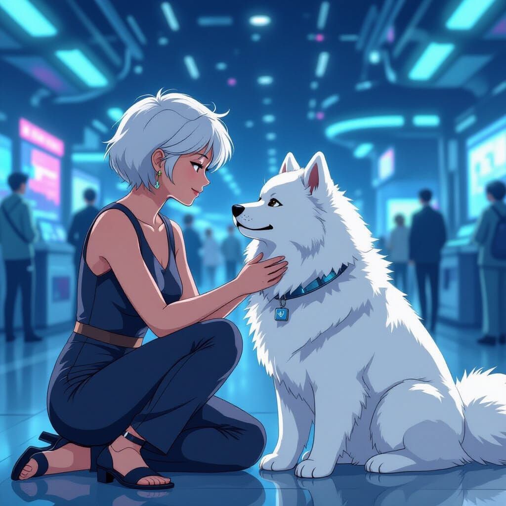 Woman and Samoyed at Futuristic Spaceport in Anime Style