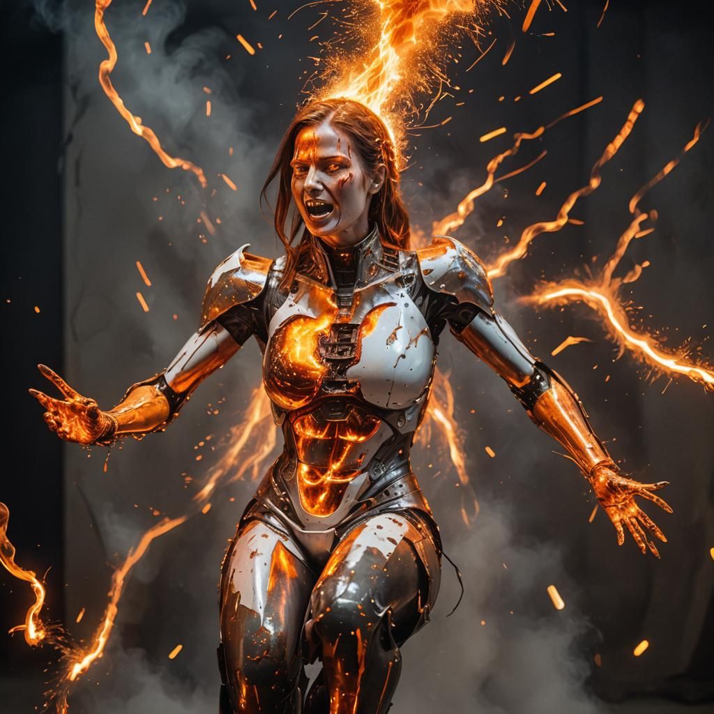 A dramatic Android woman displaying an art portrait of man a...