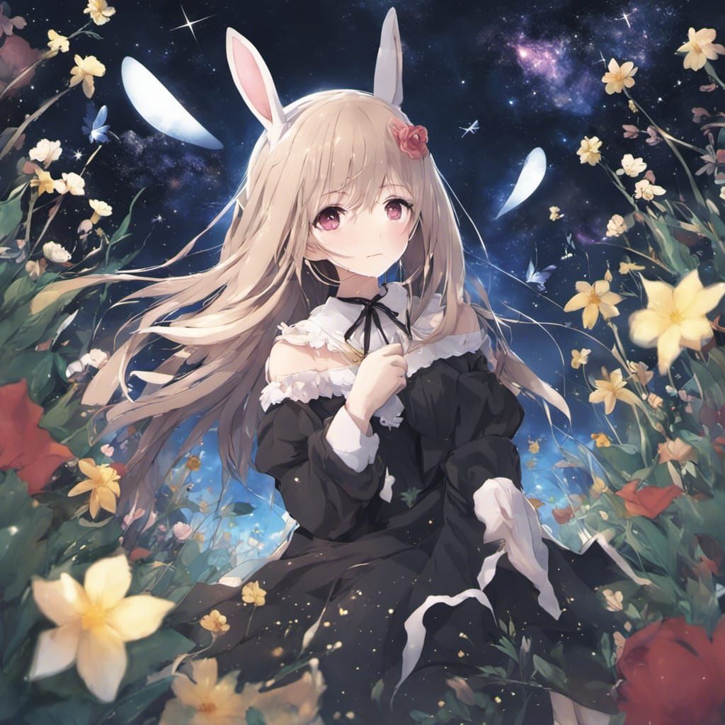 Black Rabbit in Starry Flower Field: Anime Style