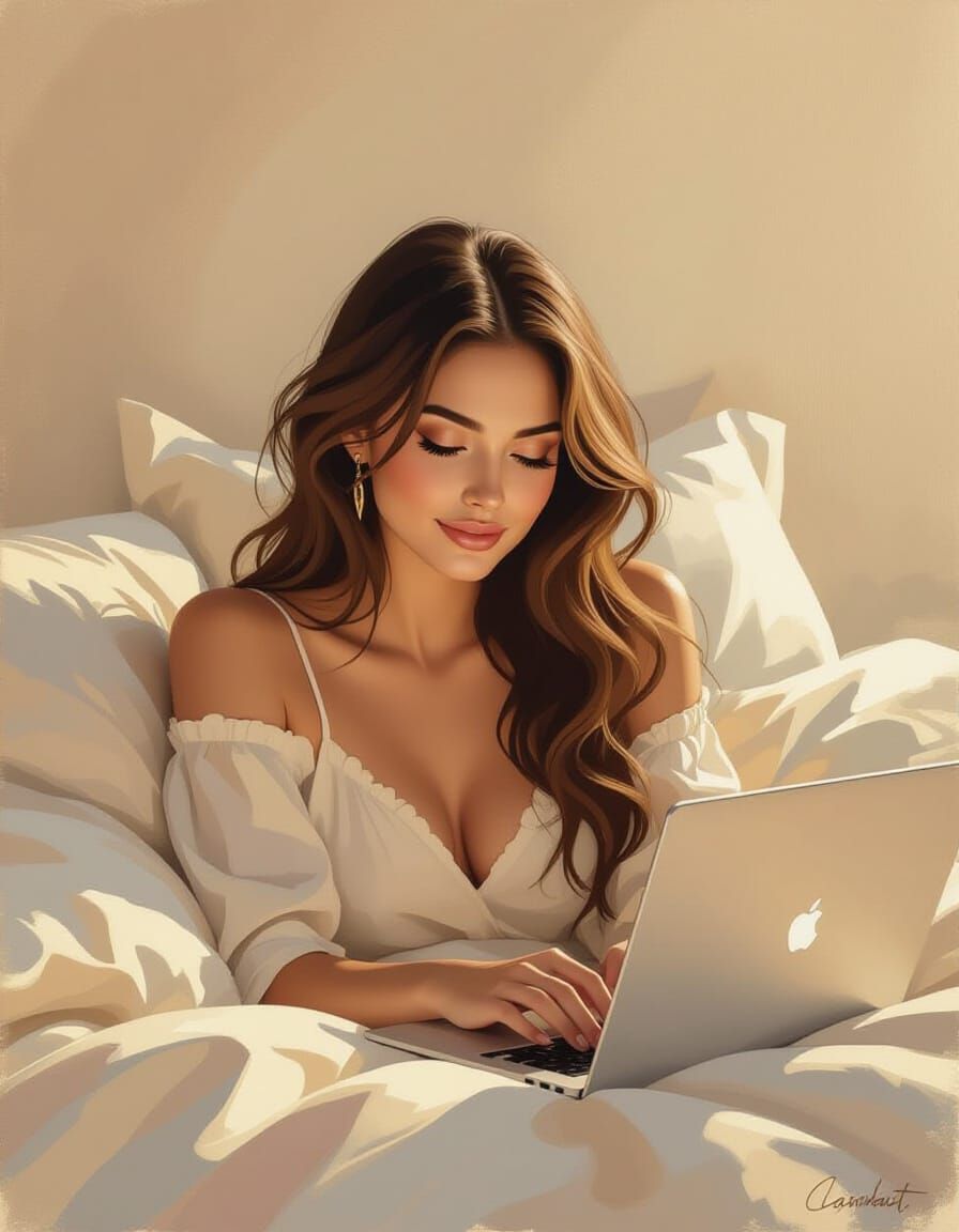 Woman Relaxing on Bed Playing on Laptop in Golden Hour