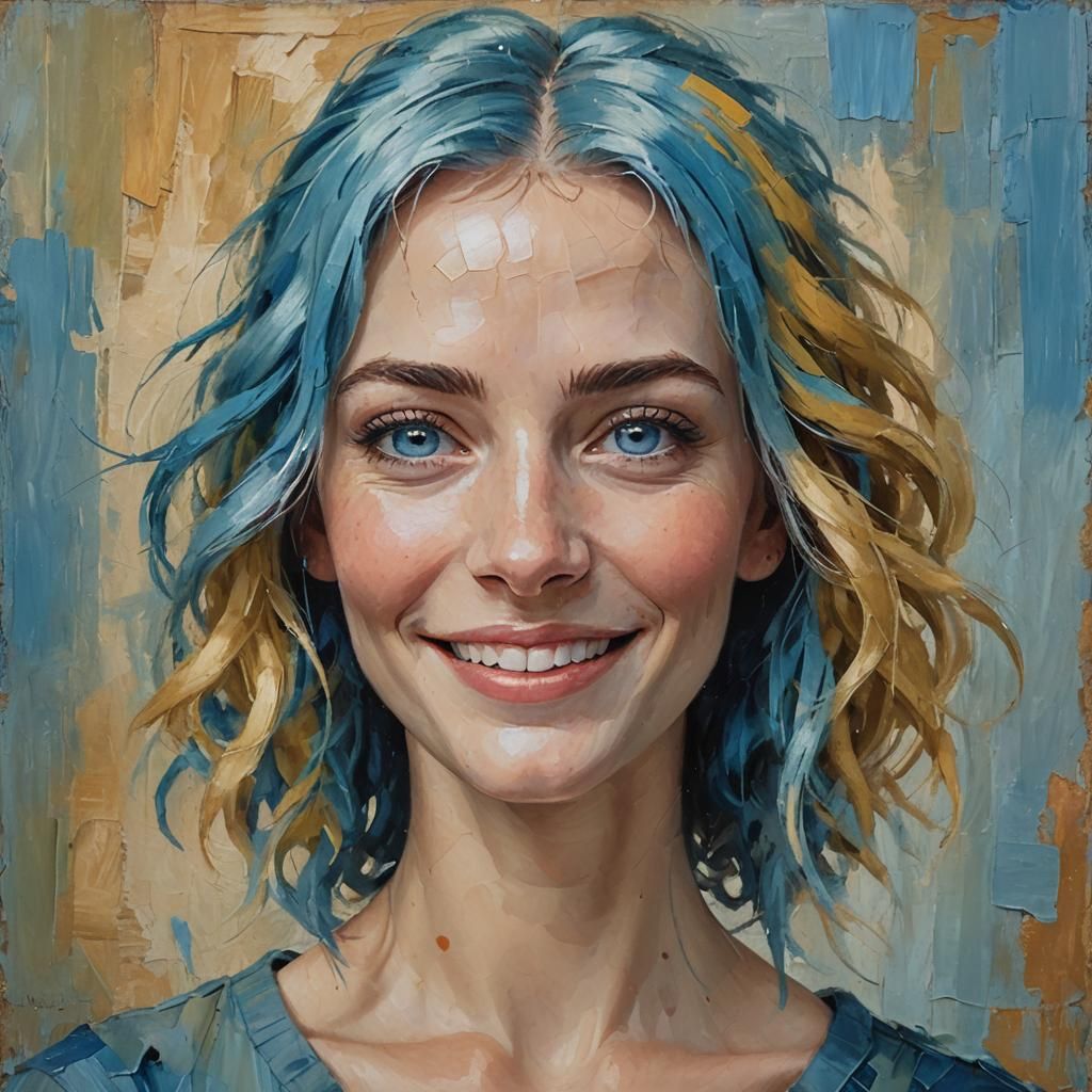 Smiling Girl with Blue Hair as Oil Painting