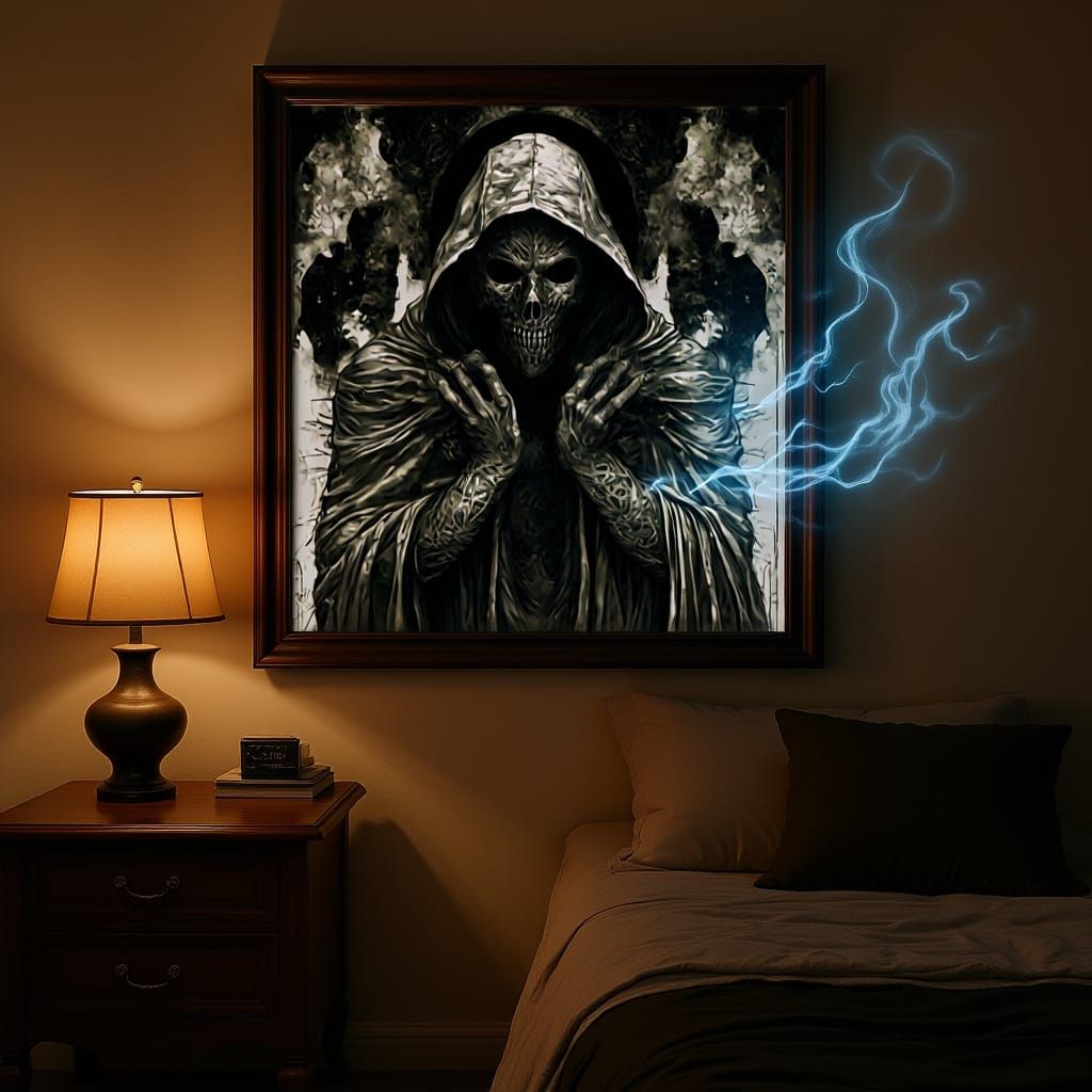 Photorealistic Grim Reaper Emerges from Painting