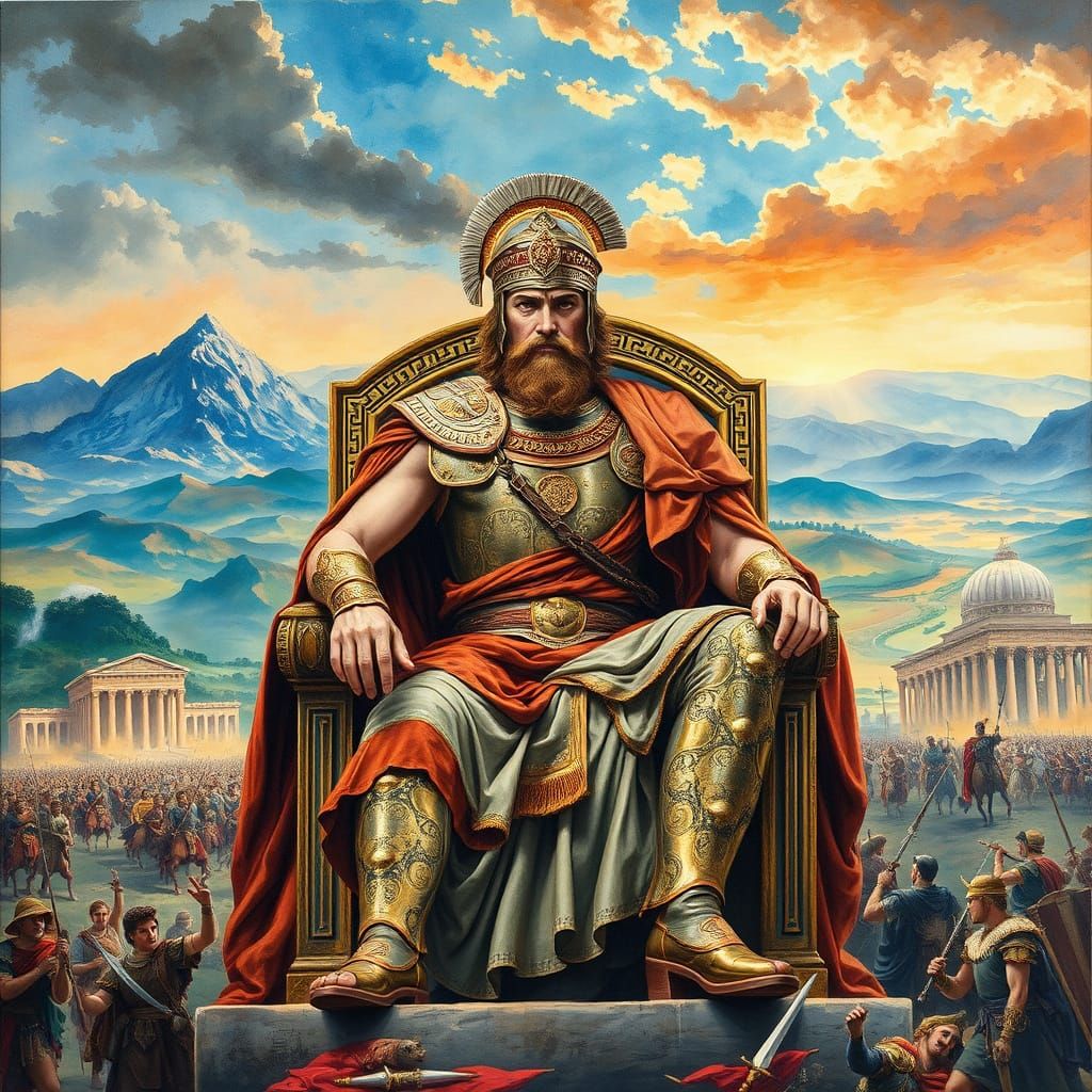 Ancient Greek Warrior King in Majestic Conquest Scene