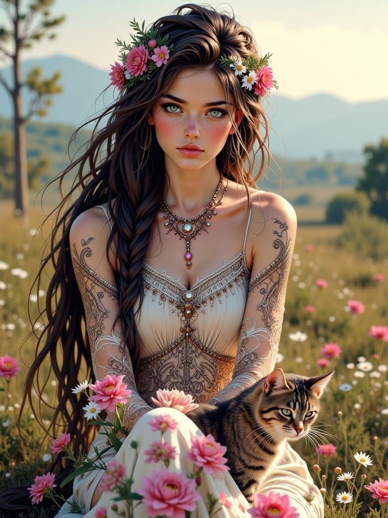 Double Exposure Portrait: Woman, Cat, and Landscape