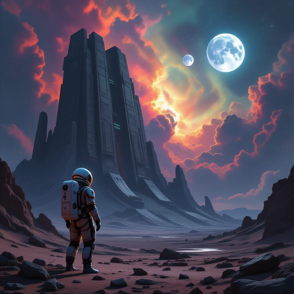 Astronaut Gazes at Alien Ruin in Cosmic Nebula