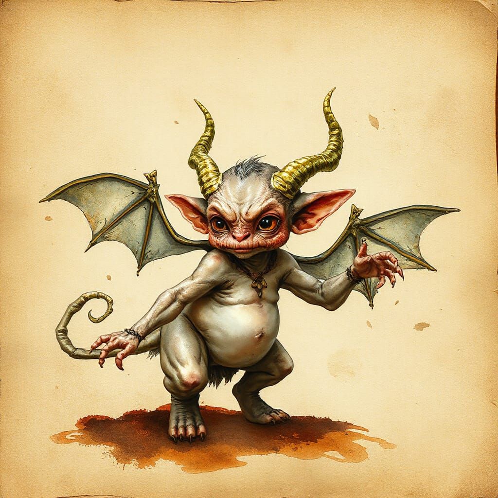 Whimsical concept art. Medium shot. A fantasy imp creature o...