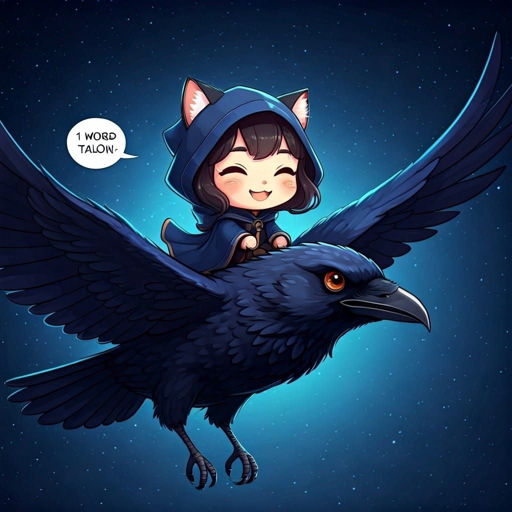 Chibi Catgirl Rides Giant Raven in Anime-Inspired Art