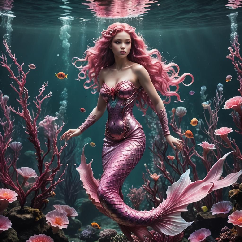 Realistic Pink Mermaid Underwater in High Definition