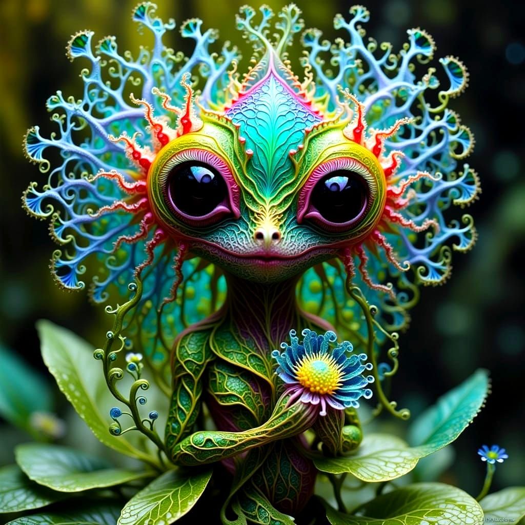 Whimsical Forest Creature with Intricate Fractal Flower