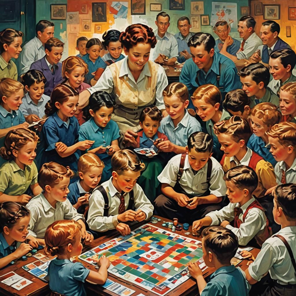 Children's Game in Rockwell Style with Vibrant Colors