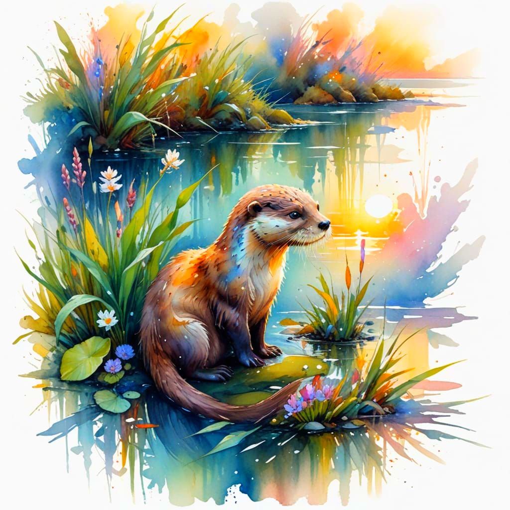 Mystical Otter in Iridescent Sunset Marsh