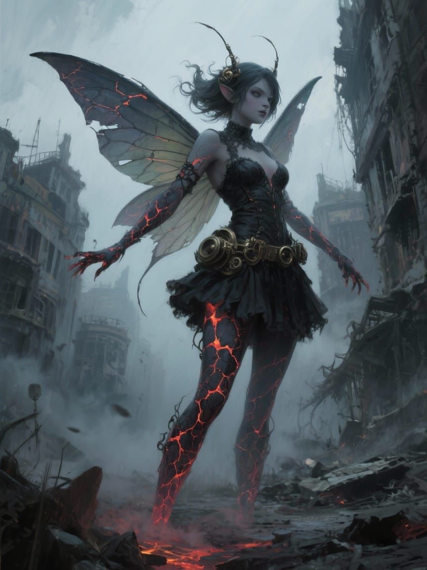 Dark Fantasy Tinkerbell in Post-Apocalyptic City