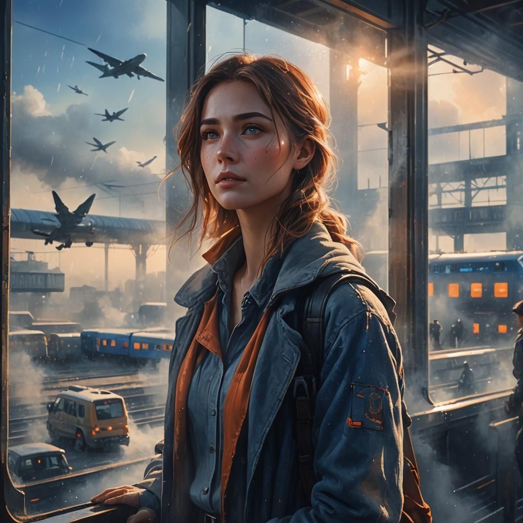 Woman at Train Station Watching Airplanes, Watercolor Style