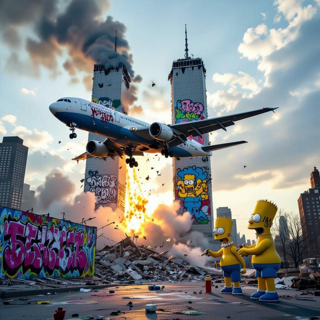 Airplane Nearing Towers with Simpsons Graffiti