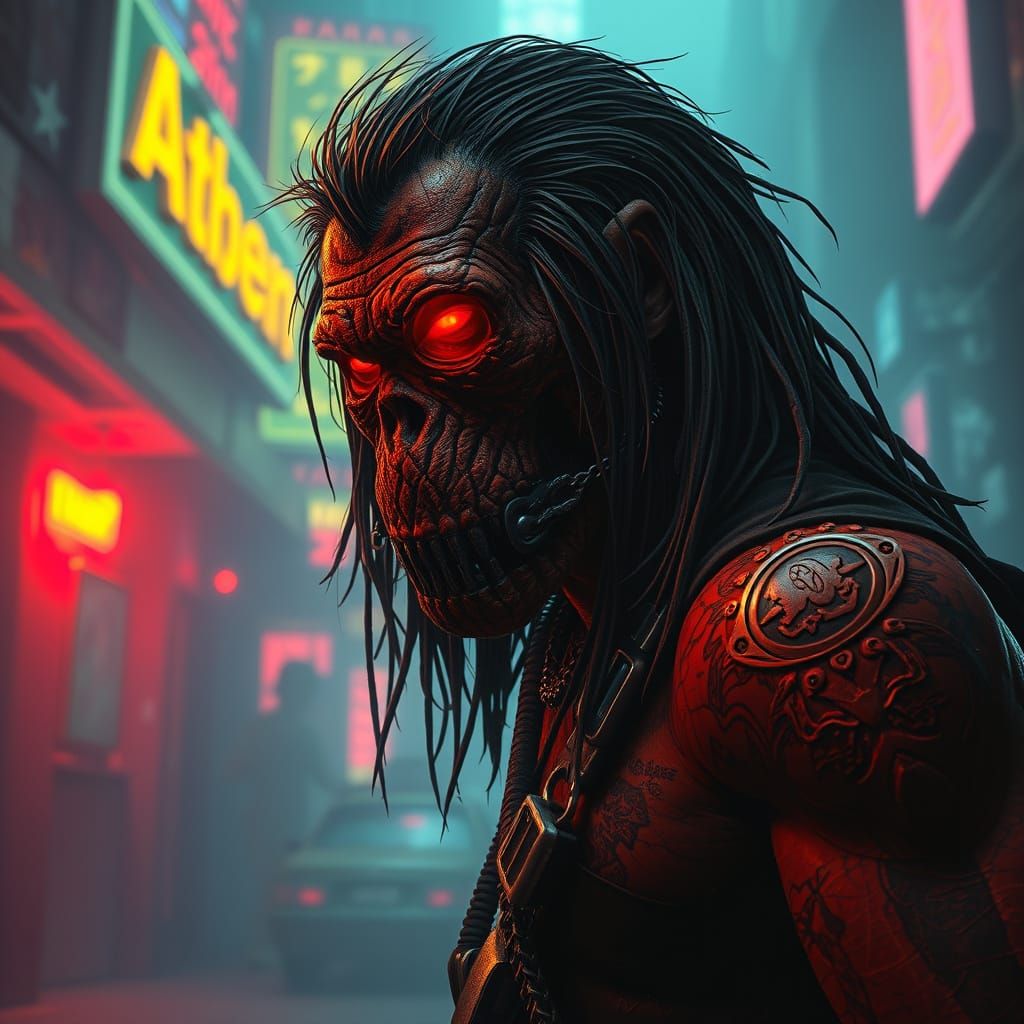 Neon-Clad Neanderthal in Cyberpunk Metropolis