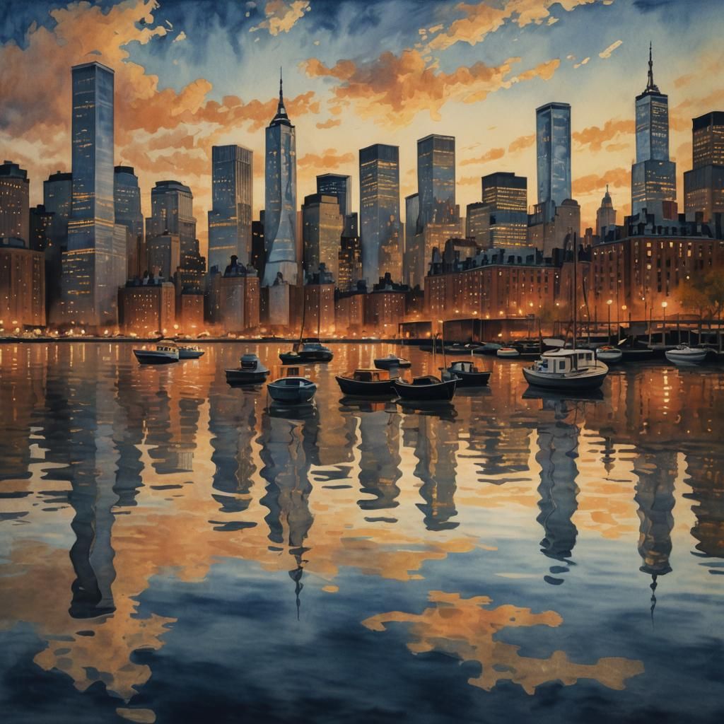 Nighttime New York City Skyline in Watercolor Style