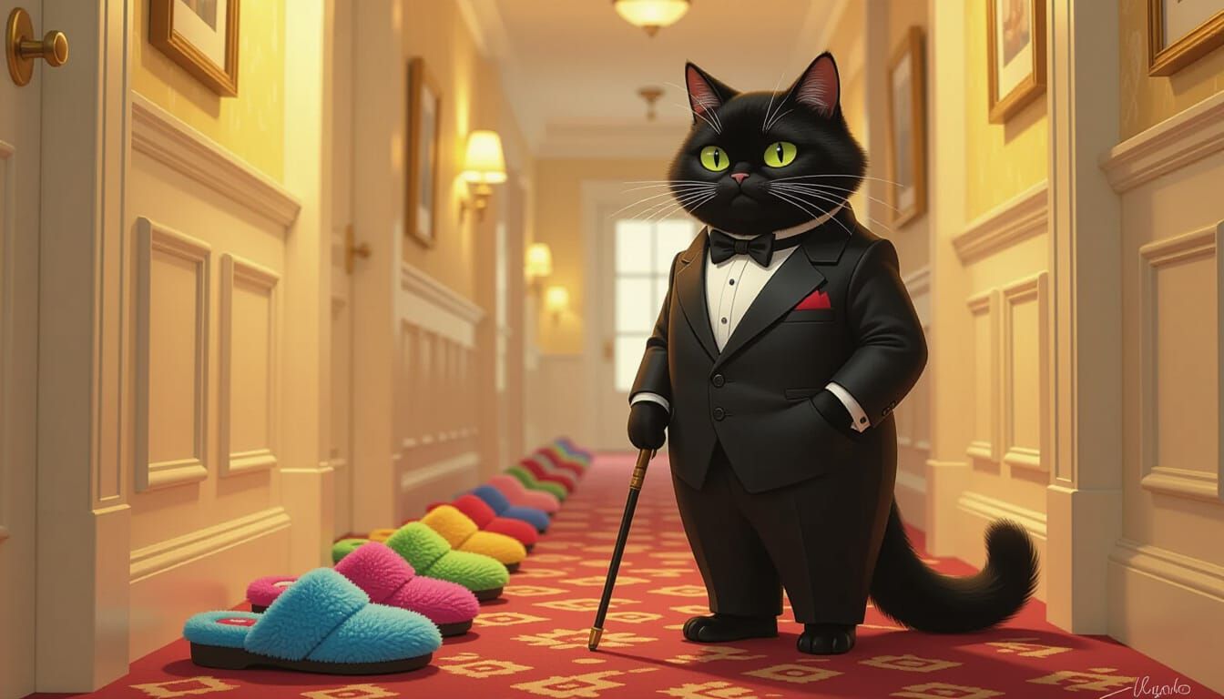 Super-Villain Cat Contemplates Slippers in Digital Painting