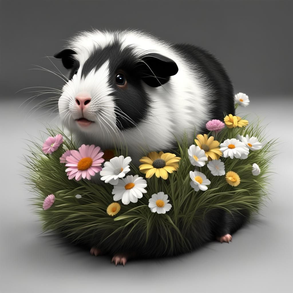 Cute Guinea Pig in Flower Meadow, 3D Render