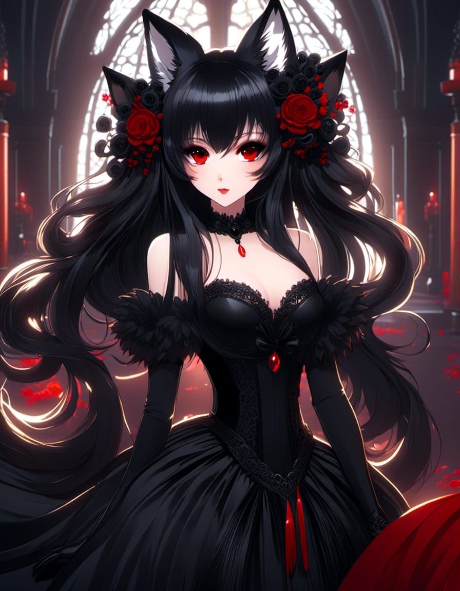 Beautiful Fox Girl, Long Black Hair, Red Eyes, Black Fox Ear...