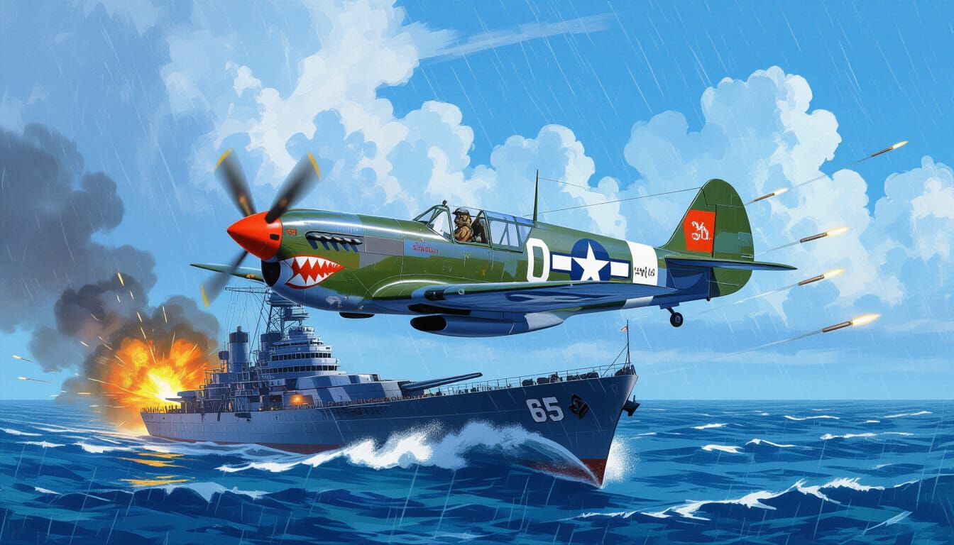 P-40 Warhawk Attacks Japanese Battleship in Storm