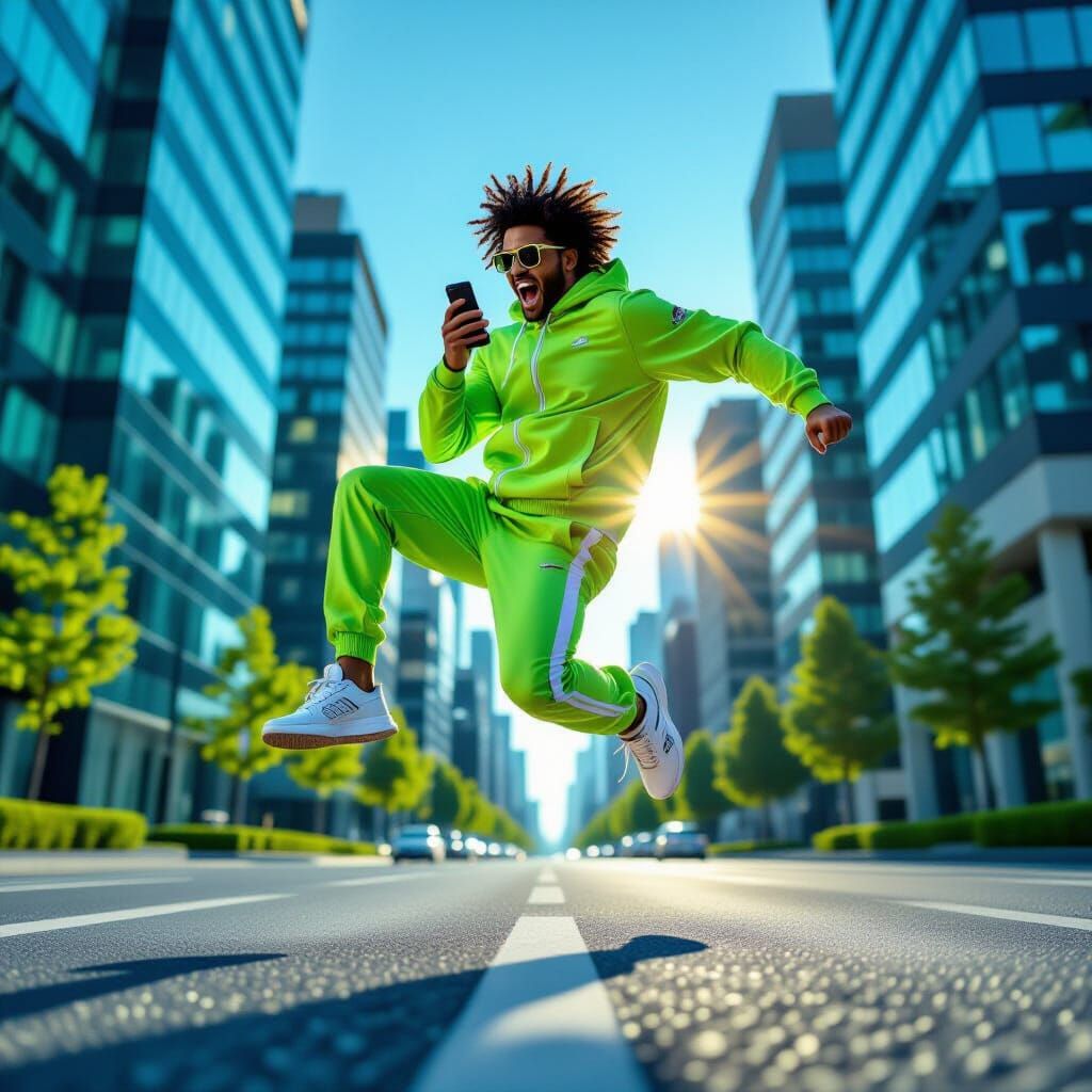 Martial Artist Kicks High on City Street in Futuristic Style