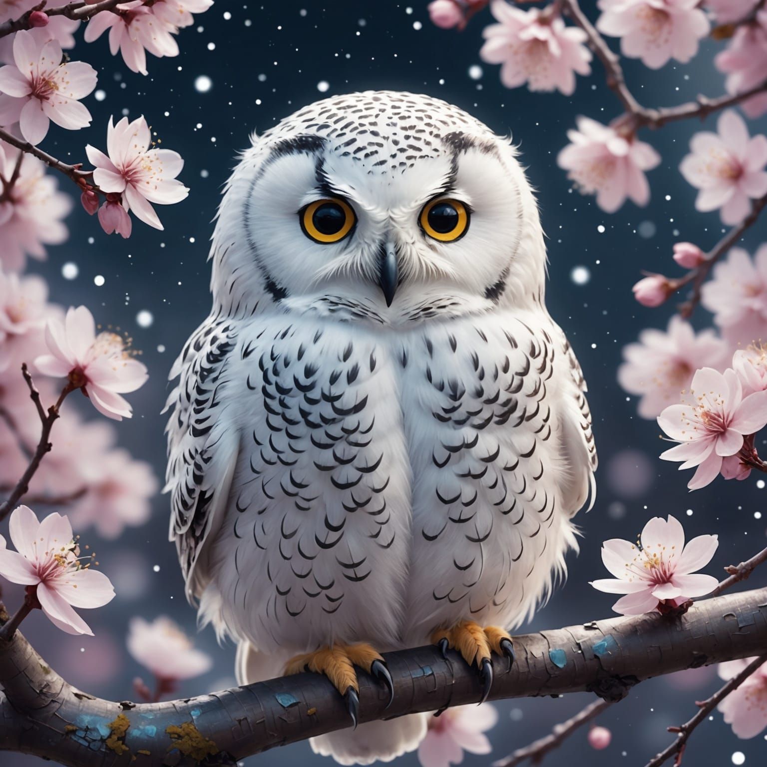 Chibi Snowy Owl with Bioluminescent Blossoms