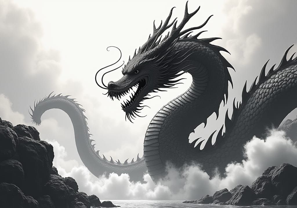 Japanese Dragon Black and White Anime Art
